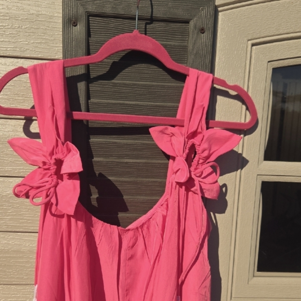 "Heyson" Pink Sleeveless Romper  with Floral Tie Shoukder Accents Sz L